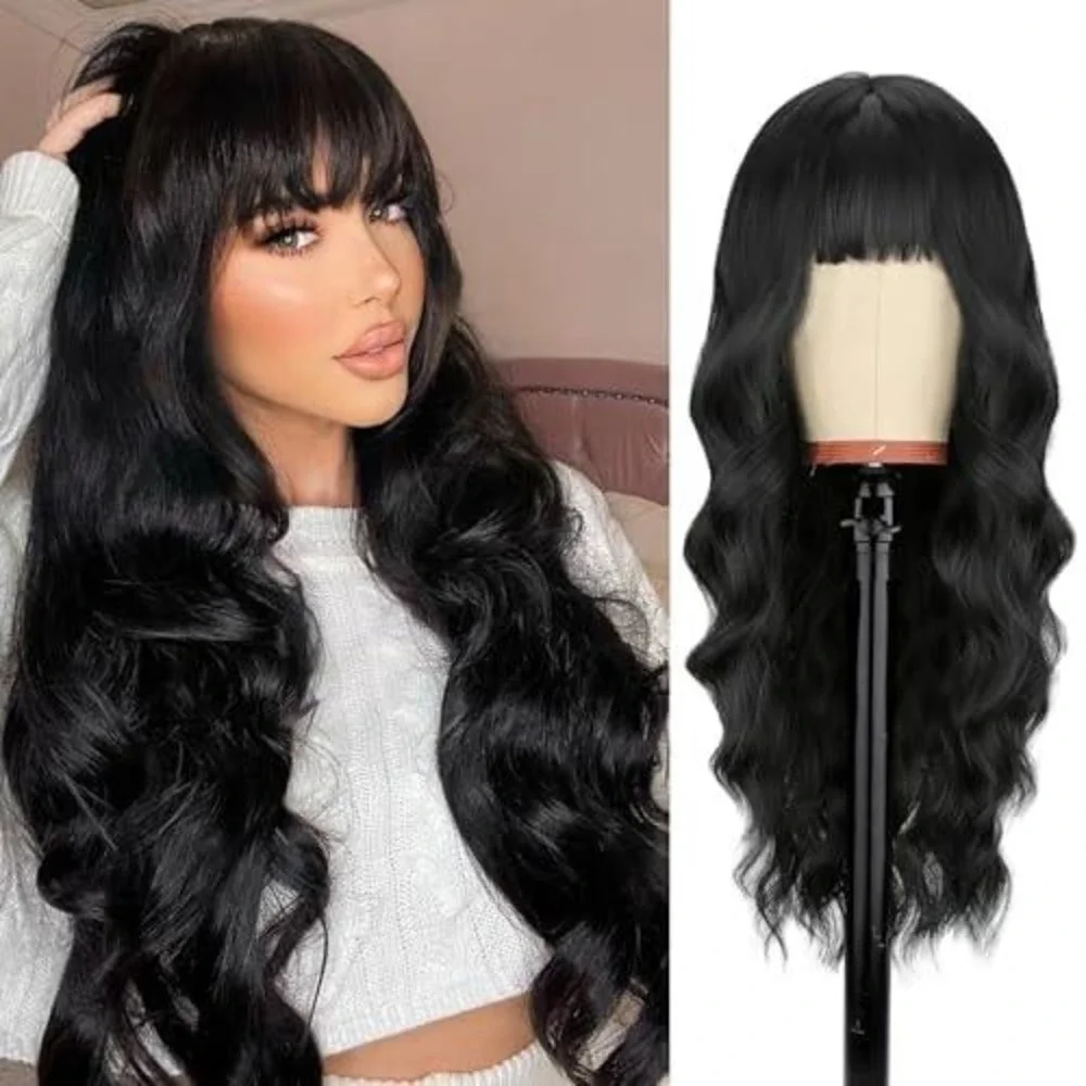 Long Wavy Black Wig with Bangs Synthetic Heat‎ Resistant Hairpiece Jet Black